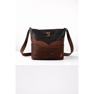 Round Oak Leather Shoulder Bag Brown Black Adjustable Strap Buckle Closure